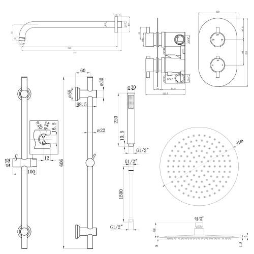 Bluci Brushed Brass Two Outlet Shower Valve with Riser Arm Head and Handset