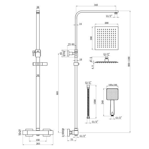 Bluci Enna Thermostatic Bar Mixer Shower with Riser and Overhead Kit