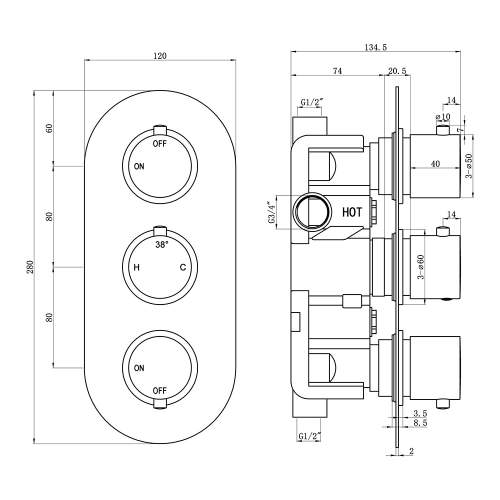 Bluci Gubbio Thermostatic Two Outlet Triple Shower Valve