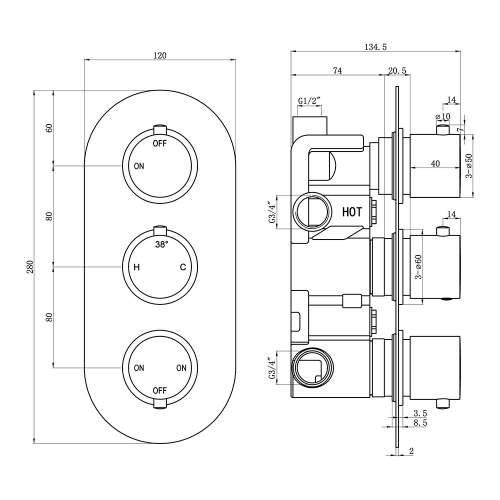 Bluci Gubbio Thermostatic Three Outlet Triple Shower Valve