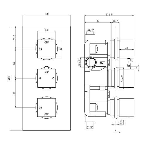 Bluci Comiso Thermostatic Two Outlet Triple Shower Valve