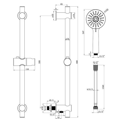 Bluci Round Premium Slider Rail Kit with Elbow and 3 Mode Handset