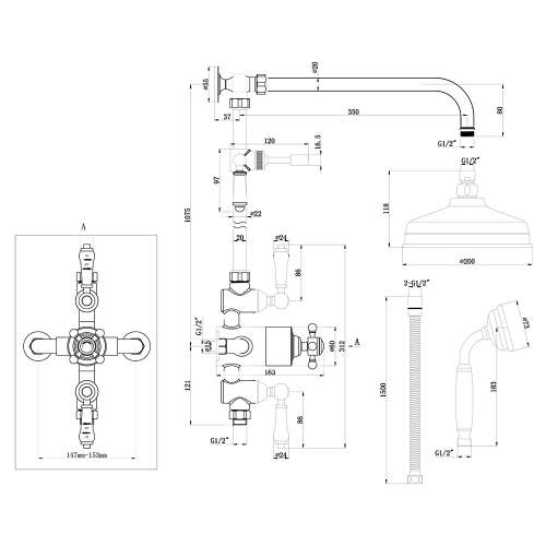 Bluci Bolsena Exposed Two Outlet Themostatic Shower Valve with Riser and Overhead Kit