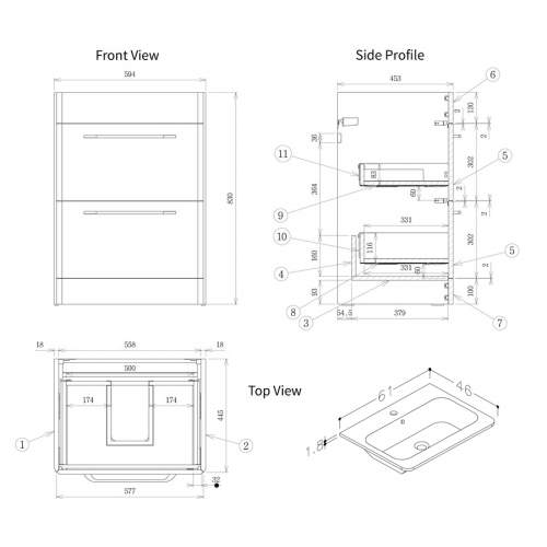 Bluci Gorizia Grey Gloss 610mm 2 Drawer Floor Unit & Basin