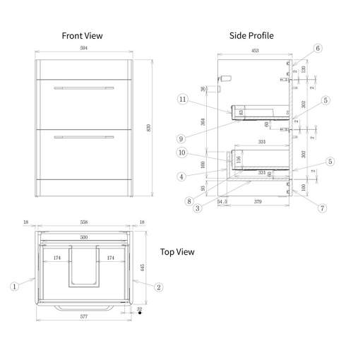 Bluci Gorizia Grey Gloss 594mm 2 Drawer Floor Standing Basin Unit