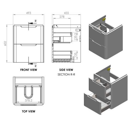 Bluci Merano 500mm 2 Drawer Wall Hung Cloakroom Basin Unit