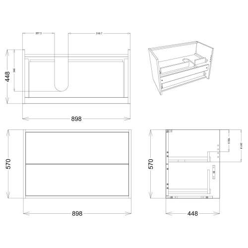 Bluci Piombino Two Drawer 900mm Wall Hung Bathroom Basin Unit with No Top