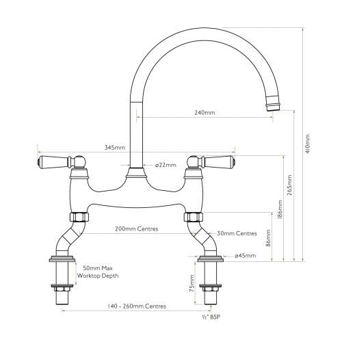 Bidbury and Co Moreton Twin Lever Chrome Bridge Tap with Porcelain Handles