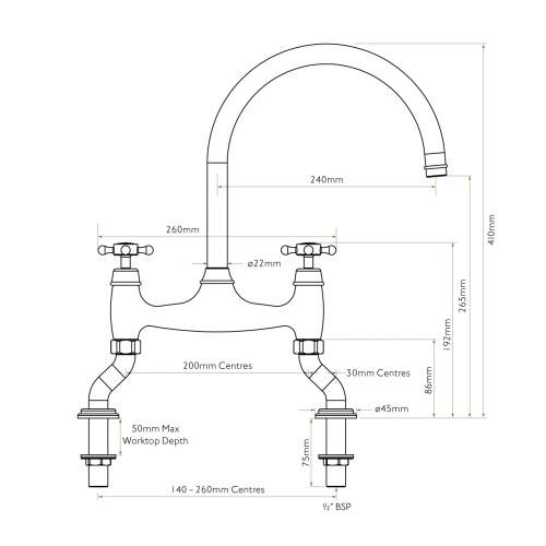 Bidbury and Co Sherborne Chrome Twin Lever Bridge Tap with Crosshead Handles