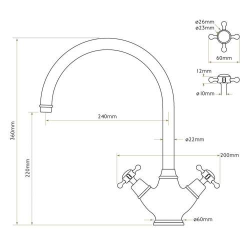 Bidbury and Co Yorkley Chrome Twin Lever Monobloc Tap with Crosshead Handles