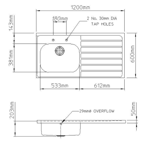 Pland Jersey HTM64 1200mm Single Bowl Sit On Sink Top