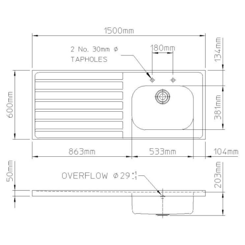 Pland Jersey HTM64 1500mm Single Bowl Sit On Sink Top