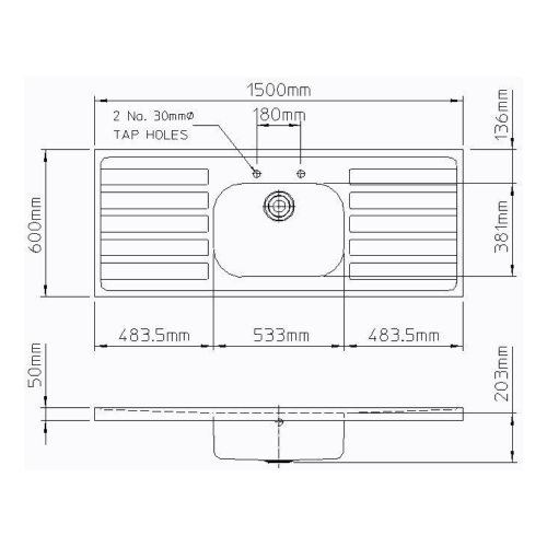 Pland Jersey HTM64 1500mm Single Bowl Double Drainer Sit On Sink Top