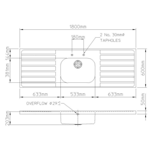 Pland Jersey HTM64 1800mm Single Bowl Double Drainer Sit On Sink Top