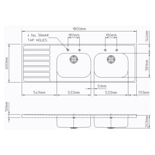 Pland Jersey HTM64 1800mm Double Bowl and Drainer Sit On Sink Top