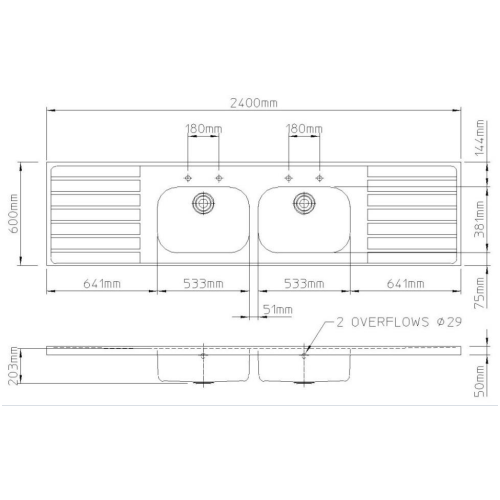 Pland Jersey HTM64 2400mm Double Bowl Double Drainer Sit On Sink Top