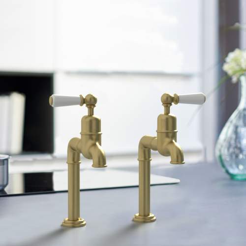 Bidbury and Co Hanford Old English Brass Bibcock Taps with Porcelain Lever Handles
