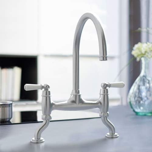 Bidbury and Co Moreton Twin Lever Pewter Bridge Tap with Porcelain Handles