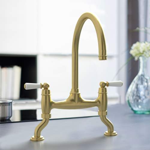 Bidbury and Co Moreton Twin Lever Old English Brass Bridge Tap with Porcelain Handles