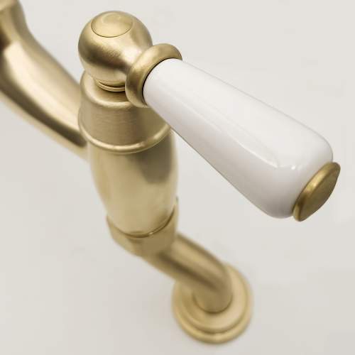 Bidbury and Co Moreton Twin Lever Old English Brass Bridge Tap with Porcelain Handles