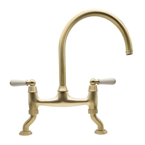 Bidbury and Co Moreton Twin Lever Old English Brass Bridge Tap with Porcelain Handles