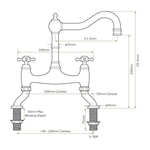 Bidbury and Co Fairford Chrome Twin Lever Bridge Tap with Crosshead Handles