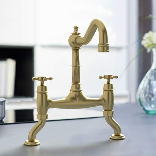 Bidbury and Co Fairford Old English Brass Twin Lever Bridge Tap with Crosshead Handles
