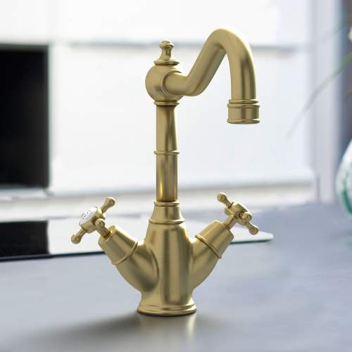 Bidbury & Co Warwick Old English Brass Twin Lever Monobloc Tap with Crosshead Handles