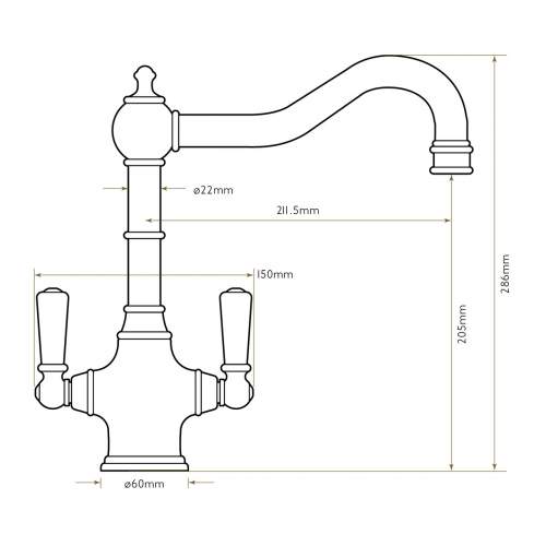 Bidbury & Co Bickton Twin Lever Chrome Monobloc Tap with Metal Handles