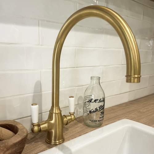 Bidbury and Co Amesbury Twin Lever Old English Brass Monobloc Tap with Porcelain Handles