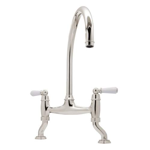 Bidbury and Co Moreton Twin Lever Polished Nickel Bridge Tap with Porcelain Handles