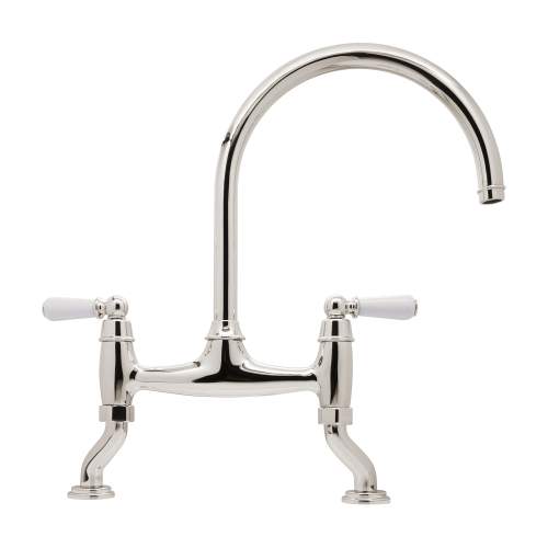 Bidbury and Co Moreton Twin Lever Polished Nickel Bridge Tap with Porcelain Handles