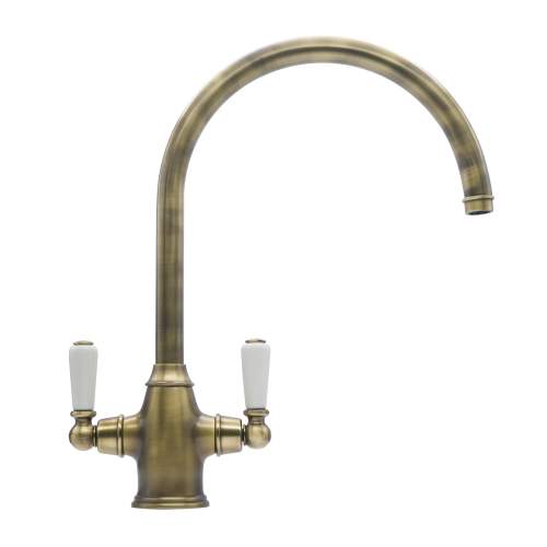 Bidbury and Co Amesbury Twin Lever Patinated Brass Monobloc Tap with Porcelain Handles