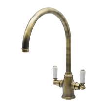 Bidbury and Co Amesbury Twin Lever Patinated Brass Monobloc Tap with Porcelain Handles
