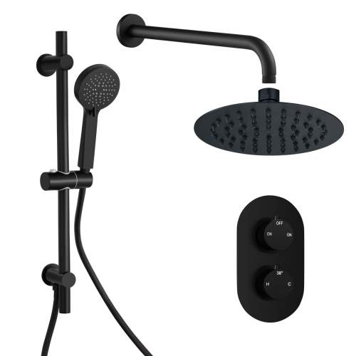 Bluci Round Concealed Valve Head and Arm Shower Pack - Matt Black