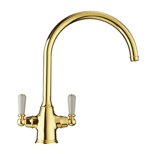 Bidbury and Co Amesbury Twin Lever Gold Monobloc Tap with Porcelain Handles
