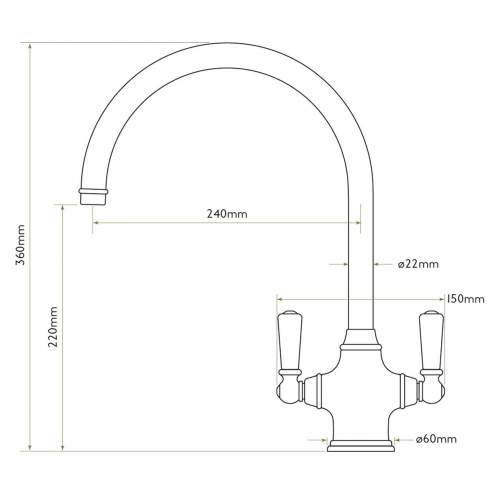 Bidbury and Co Amesbury Twin Lever Gold Monobloc Tap with Porcelain Handles
