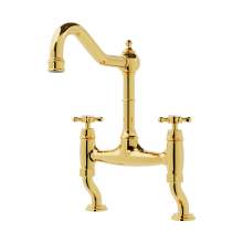 Bidbury and Co Fairford Polished Brass Twin Lever Bridge Tap with Crosshead Handles
