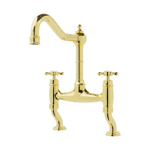 Bidbury and Co Fairford Polished Gold Twin Lever Bridge Tap with Crosshead Handles