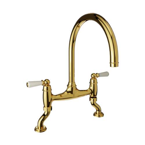 Bidbury and Co Moreton Twin Lever Polished Brass Bridge Tap with Ceramic Handles
