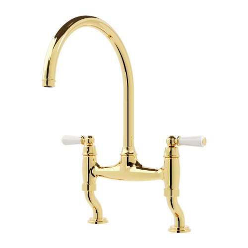 Bidbury and Co Moreton Twin Lever Polished Gold Bridge Tap with Ceramic Handles