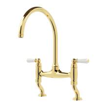 Bidbury and Co Moreton Twin Lever Polished Gold Bridge Tap with Ceramic Handles