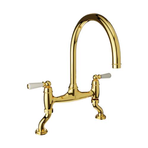 Bidbury and Co Moreton Twin Lever Polished Gold Bridge Tap with Ceramic Handles