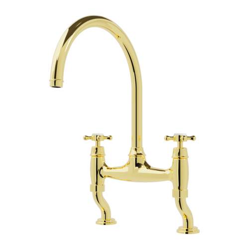 Bidbury and Co Sherborne Polished Gold Twin Lever Bridge Tap with Crosshead Handles