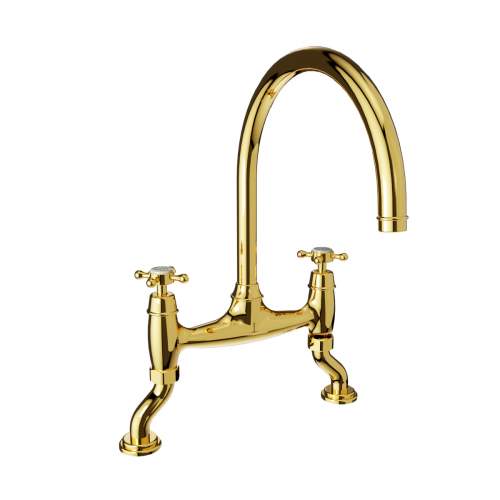 Bidbury and Co Sherborne Polished Gold Twin Lever Bridge Tap with Crosshead Handles