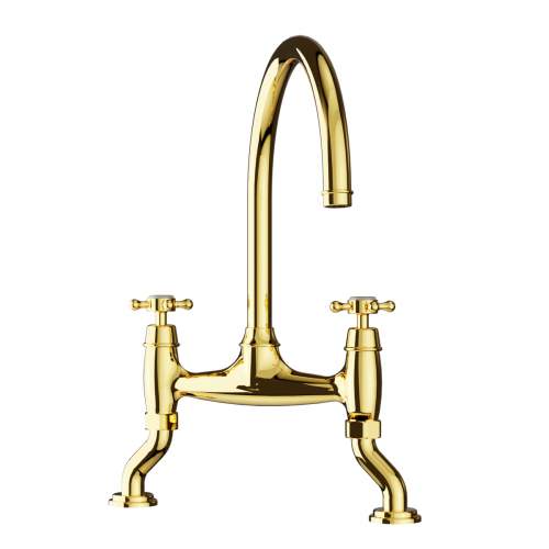 Bidbury and Co Sherborne Polished Gold Twin Lever Bridge Tap with Crosshead Handles
