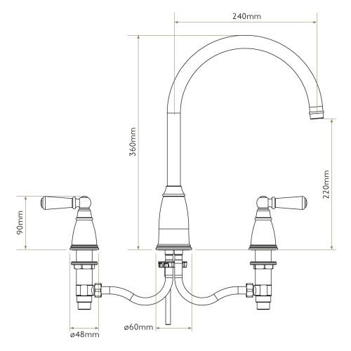 Bidbury and Co Alderton 3 Hole Kitchen Mixer with Ceramic Lever Handles and Swan Spout