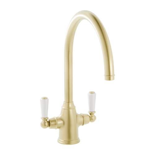 Bidbury and Co Amesbury Twin Lever Brushed Brass Monobloc Tap with Porcelain Handles