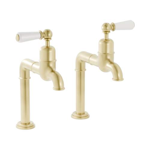 Bidbury and Co Hanford Brushed Brass Bibcock Taps with Porcelain Lever Handles