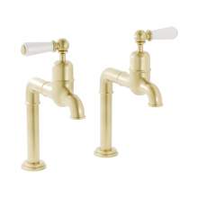 Bidbury and Co Hanford Brushed Brass Bibcock Taps with Porcelain Lever Handles